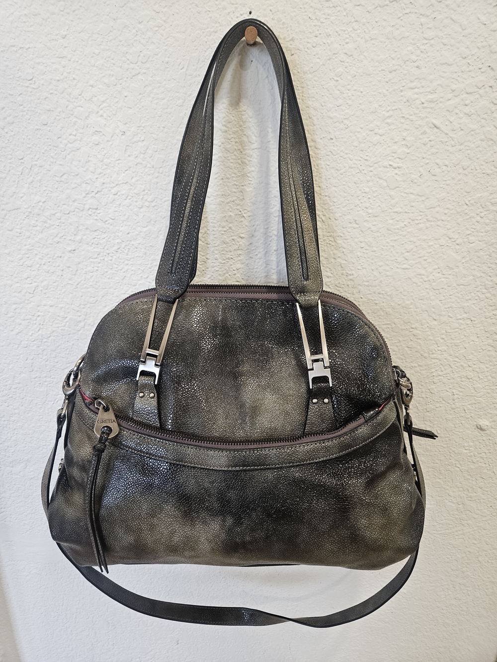 GRETTA Distressed Metallic Pewter Dome Satchel Handbag Pink Satin Lining Y2k